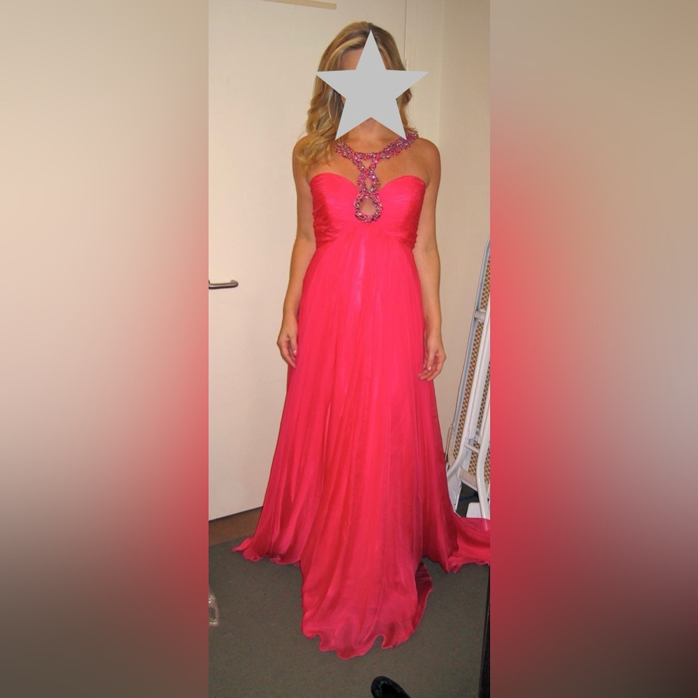 Size 14 SHERRI HILL Hot Pink Halter Gown with Gems